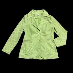 Vintage 60s 70s Lime Houndstooth Knit Leisure Suit Blazer Retro Psychedelic Sz M